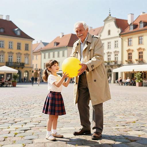 Photograph of a smiling elderly man in a beige trench coat holding a yellow frisbee with a young girl in a plaid skirt and white shirt