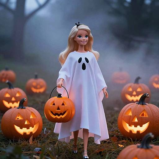 Photograph of a blonde doll in a white ghost dress, black bow, holding a lit pumpkin bucket, standing in a foggy pumpkin field at night