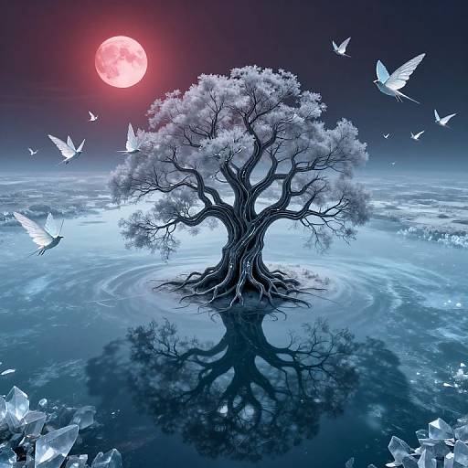 Digital artwork of a silver-blue tree with intricate branches, standing in a reflective, glowing water pool under a red full moon, surrounded by white butterflies.