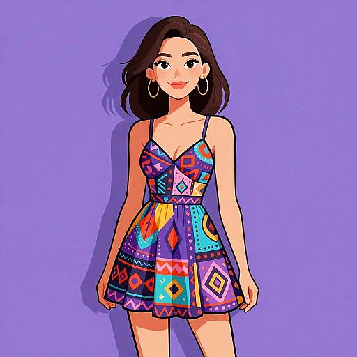 Digital illustration of a smiling woman with dark brown hair, wearing a colorful, patterned sundress and large hoop earrings, against a solid purple background.