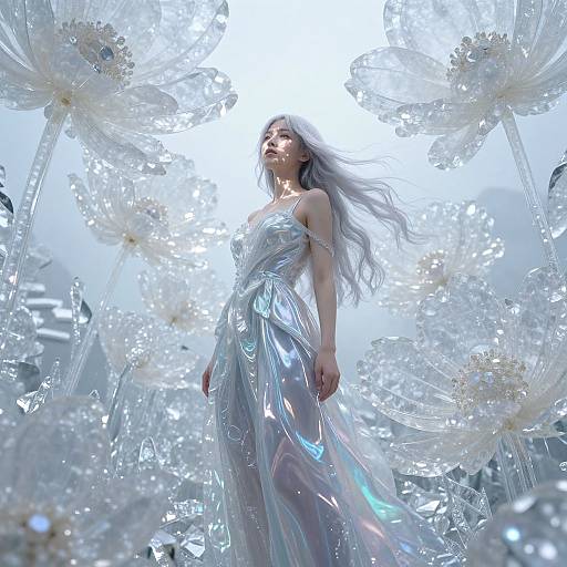 Digital art: ethereal woman with long silver hair, wearing a shimmering silver dress, surrounded by translucent, white floral-like structures against a bright blue