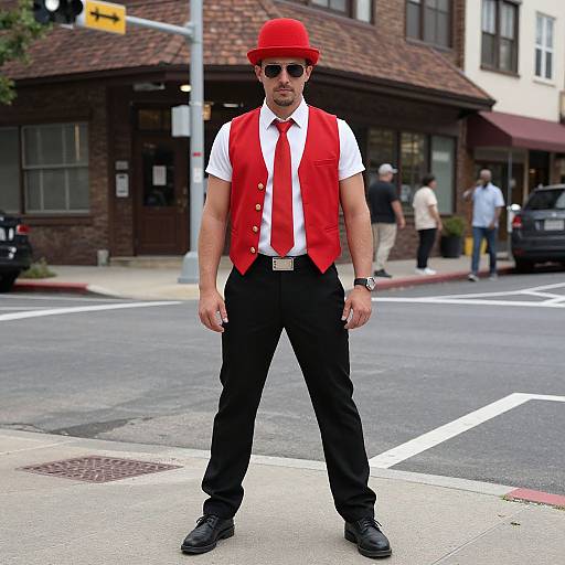 Photograph of a man in a red hat, vest, tie, white shirt, black pants, and sunglasses, standing confidently at a city street corner