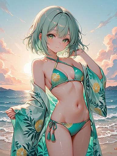 Anime Girl in Mint Green Bikini and Kimono on Beach