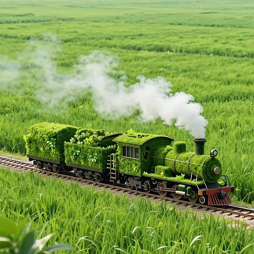 Photograph of a green, leaf-covered steam locomotive and passenger car emitting white smoke, traveling through a vibrant, lush green field.