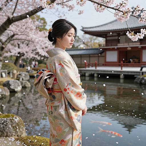 Photograph of an Asian woman in a floral kimono, standing by a cherry blossom tree, with a traditional Japanese pavilion and pond in the background