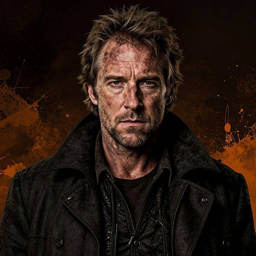 Photograph of a rugged, middle-aged man with messy brown hair, intense blue eyes, and a serious expression, wearing a black jacket over a dark