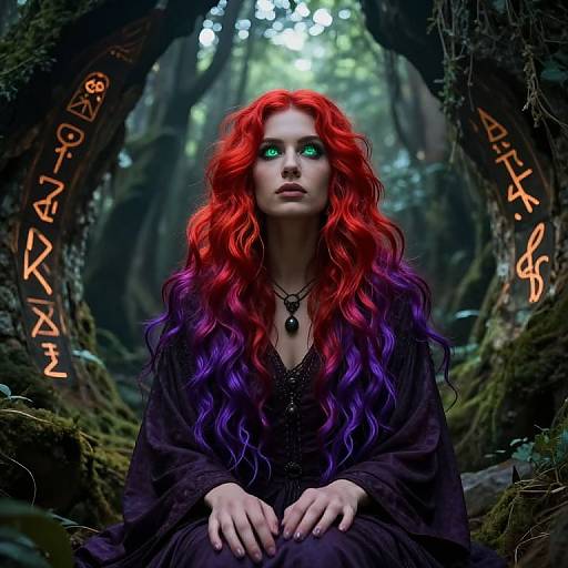 Photorealistic digital artwork of a red-haired woman with vibrant purple tips, glowing green eyes, wearing a black dress, in a mystical forest archway