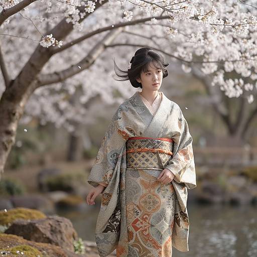 Photograph of a young Asian woman in an ornate kimono, standing under blooming cherry blossoms by a tranquil pond.