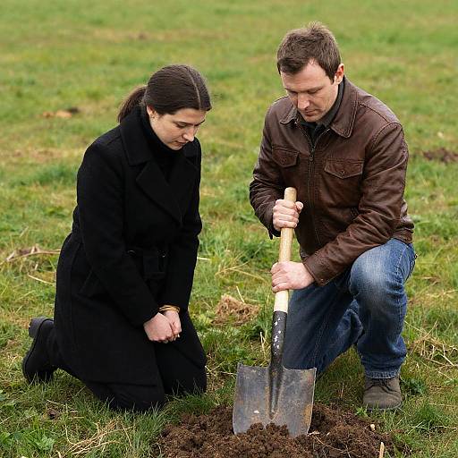 Kneeling Duo with Shovel on Grass