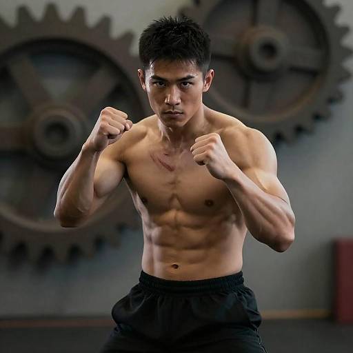 Muscular Asian Fighter in Industrial Gears