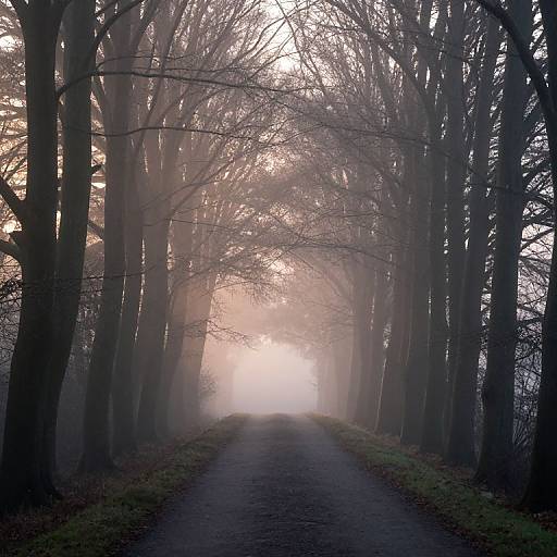 Photograph of a foggy forest path, flanked by tall, bare trees with branches arching overhead, leading to a bright, misty light