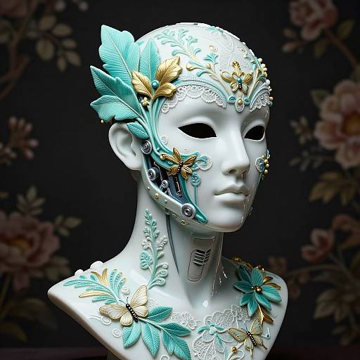 Photograph of a white, ornate masquerade mask with teal and gold floral and butterfly embellishments, set against a dark floral background.