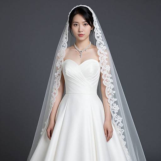 Photograph of an Asian bride with fair skin, black hair, wearing a white strapless wedding dress and lace veil, against a dark background.