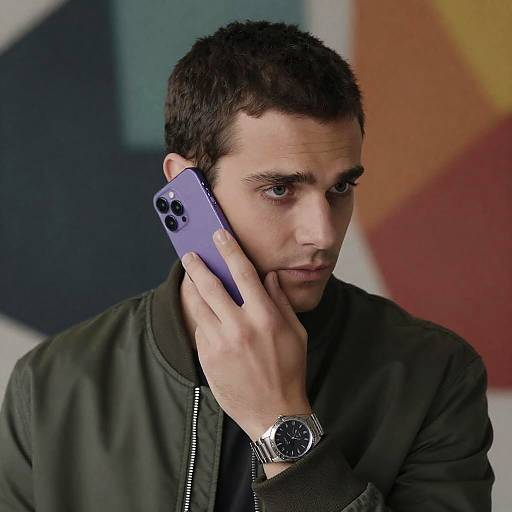 Man with Purple Phone in Colorful Background