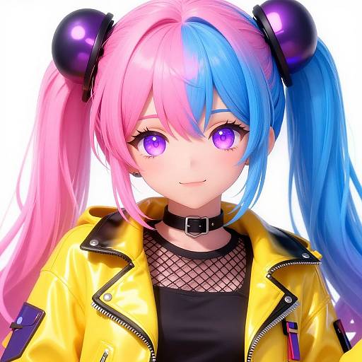 Digital anime-style drawing of a girl with pink and blue twin-tails, purple eyes, yellow jacket, black mesh top, and choker.