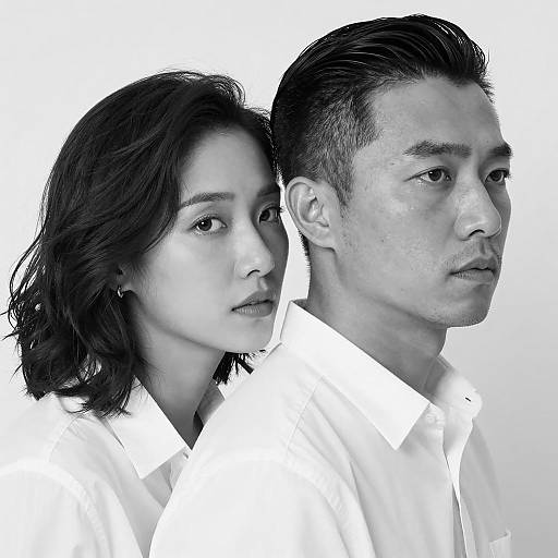 Black and White Portrait of Asian Couple in White Shirts