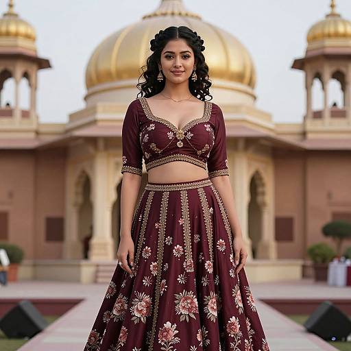 Photograph of a South Asian woman with curly black hair, wearing a maroon floral lehenga set, standing in front of a golden-domed M