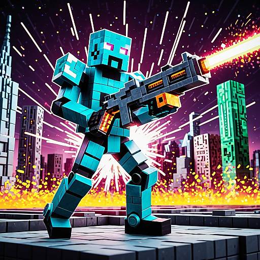 Futuristic Cyborg with Plasma Rifle in Neon Minecraft City
