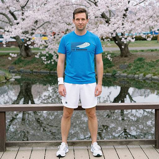 Photograph of a muscular man in a blue sports shirt, white shorts, and white sneakers, standing on a wooden bridge with cherry blossom trees and a