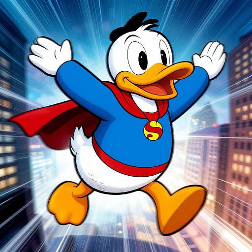 Dynamically posed cartoon duck in blue superhero suit with red cape and yellow emblem, leaping with arms outstretched against a speeding cityscape background