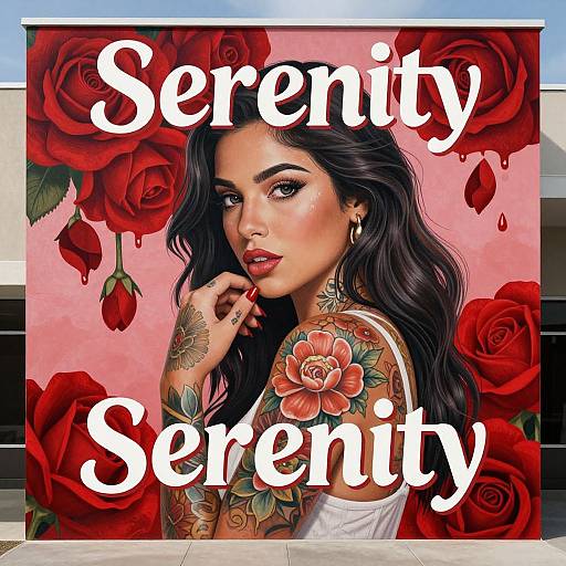 Photograph of a tattooed woman with long black hair, red lipstick, and hoop earrings, surrounded by red roses, with 