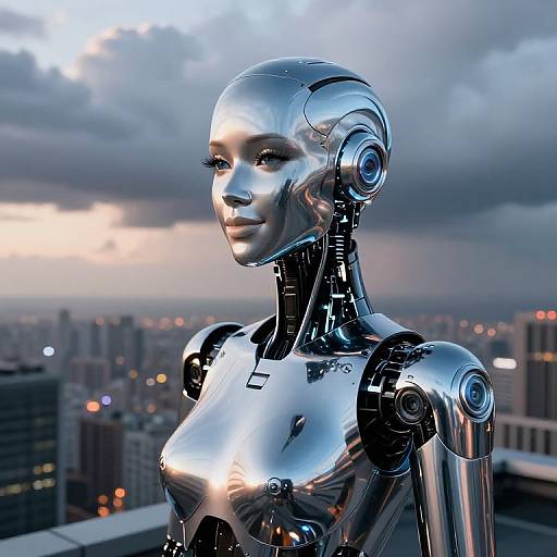 Photorealistic CGI of a shiny silver humanoid robot with a serene expression, standing on a rooftop against a cityscape at twilight.