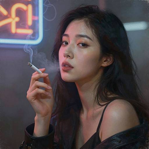 Photograph of an Asian woman with long black hair, smoking a cigarette, wearing a black off-shoulder top, under neon blue and orange lights