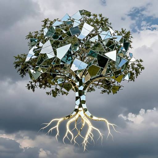 Digital artwork of a tree with mirrored, reflective leaves and glowing white roots against a cloudy sky, blending nature and technology.