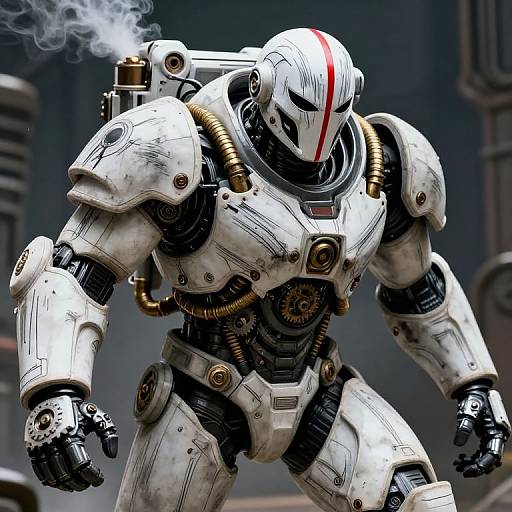 Photorealistic digital art of a white, weathered, humanoid robot with a red stripe, smoking, featuring brass tubes, and mechanical joints, in