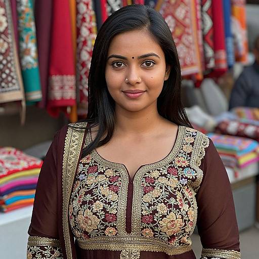Photograph of a smiling Indian woman with medium brown skin and long black hair, wearing an elegant floral embroidered brown salwar kameez, in front