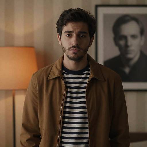 Young Man in Brown Jacket with Serious Expression