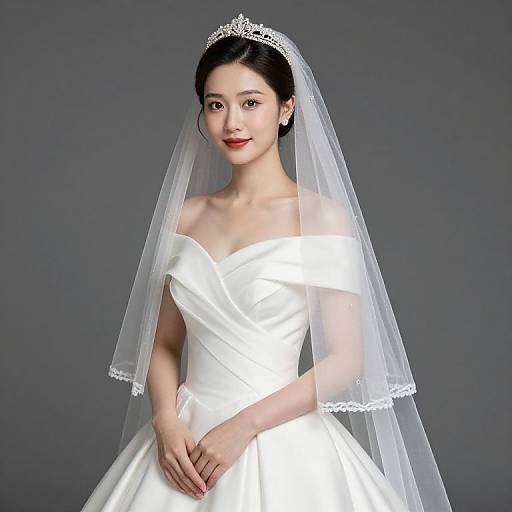 Photograph of an East Asian bride with fair skin, black hair in an updo, wearing a white off-shoulder wedding dress and silver ti