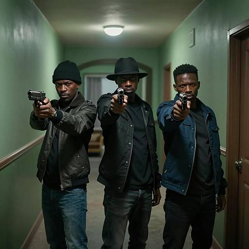 Three Men Pointing Guns in Dimly Lit Hallway