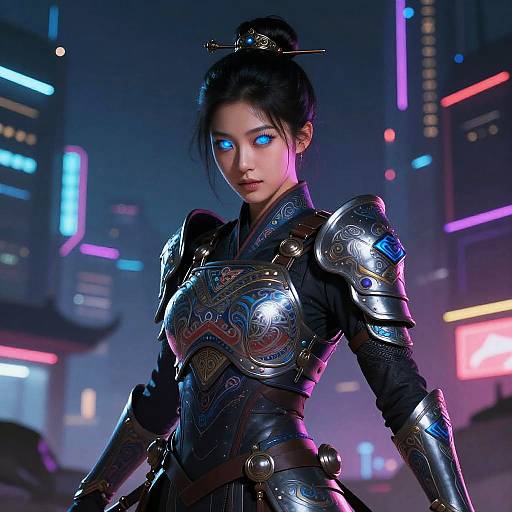 CGI image of a glowing-eyed, Asian woman in futuristic, ornate silver armor, standing in a neon-lit, cyberpunk cityscape.