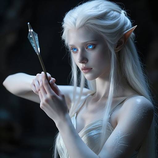 Digital CGI of a pale, ethereal elf with long white hair, blue eyes, and pointed ears, holding a shimmering dagger, set against a