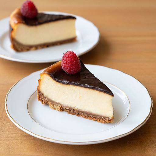 Photograph of two slices of cheesecake with dark chocolate topping and red raspberries, on white plates, on a wooden table.