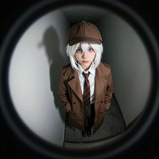 Digital artwork of a white-haired, blue-eyed person in a brown coat, tie, and hat, viewed through a circular lens, casting a shadow on