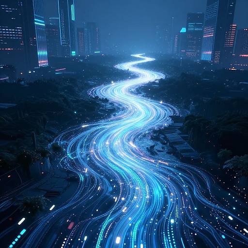 Digital artwork of a glowing, blue neon river winding through a futuristic cityscape of towering skyscrapers at night, with illuminated streets and vibrant city lights