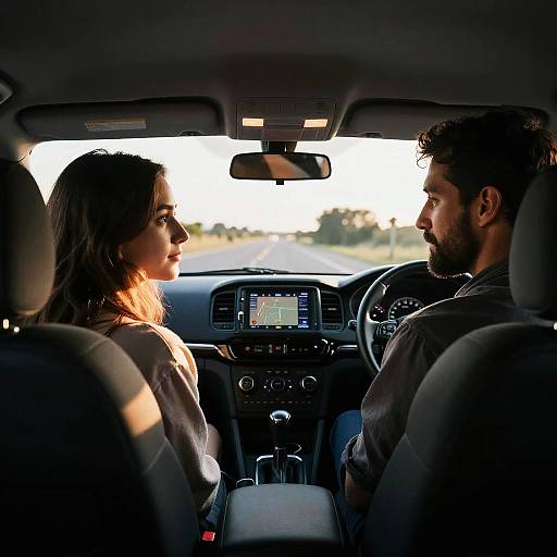 Photograph of a man with a beard and a woman with long hair driving a car, sunlight illuminating their profiles.