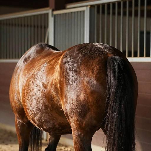 Photograph of a shiny, brown horse with a black tail, standing in a sunlit barn stall with metal bars in the background.