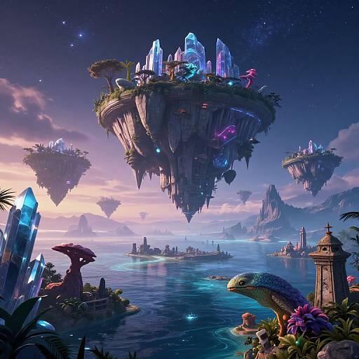 Fantasy CGI: floating crystal islands with glowing crystals, vibrant flora, exotic creatures, and a serene, starry sky over a mystical ocean.