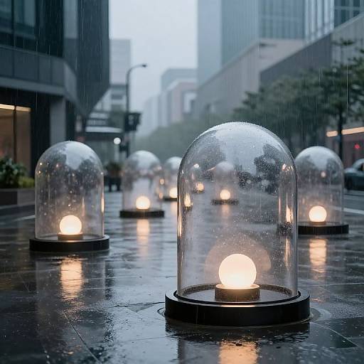 Photograph of rainy city street with glass-domed lanterns, each housing a glowing light, reflecting on wet pavement, surrounded by modern buildings.