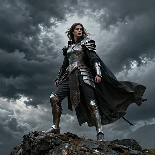 Photograph of a fierce woman in silver armor and black cape standing on a rocky outcrop under a stormy, cloudy sky.