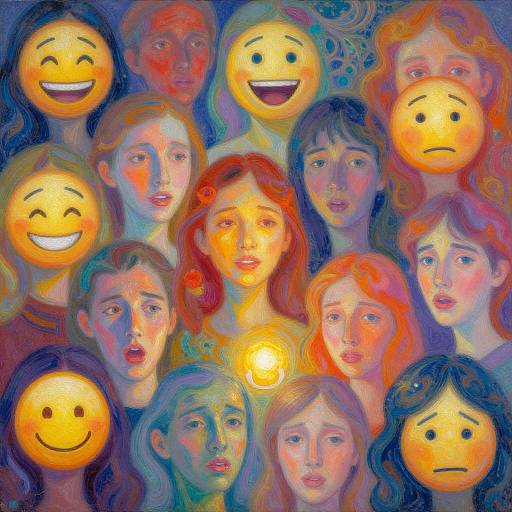 Vibrant digital painting of mixed-expression faces with 7 smiling and 3 sad yellow emojis, blending blue, red, and orange hues.
