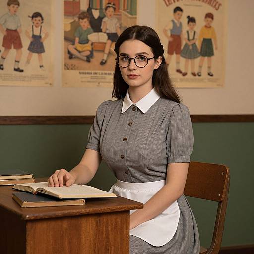 Photorealistic CGI of a young woman with glasses, wearing a gray, buttoned, short-sleeve dress with white apron, sitting at