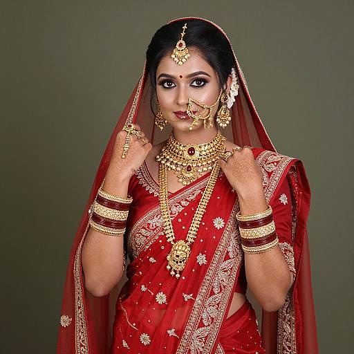 Photograph of an Indian bride in a red saree with gold embroidery, wearing heavy gold jewelry, a maang tikka, and a veil,