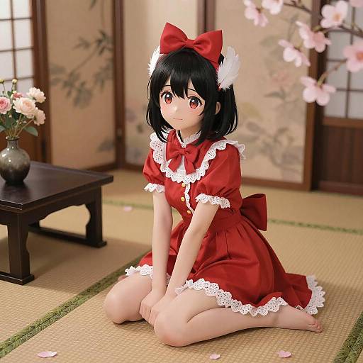 Anime Girl on Tatami with Cherry Blossoms