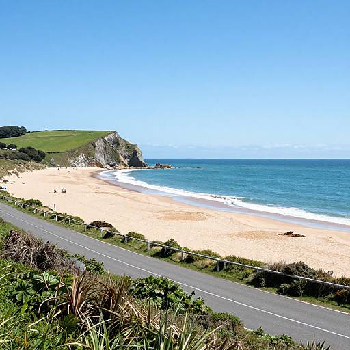 Photograph of a sunny, sandy beach with clear blue ocean, green grassy cliffs, and a road in the foreground.