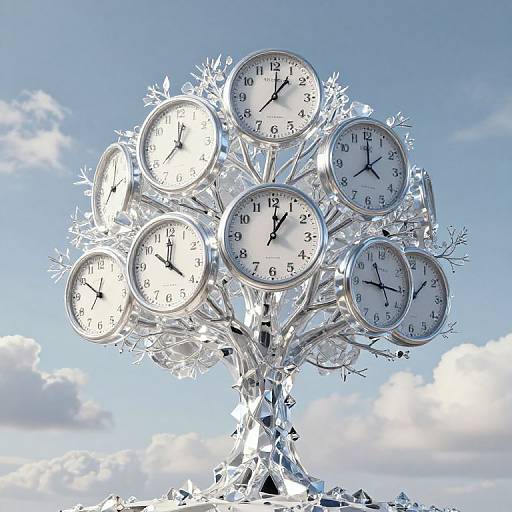 Photograph of a surreal, silver clock tree with twelve white clock faces, set against a bright blue sky with fluffy clouds.