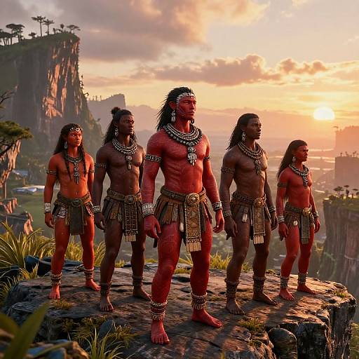 Photorealistic CGI of four muscular, red-skinned tribal warriors with long hair, adorned in jewelry and loincloths, standing on a cliff